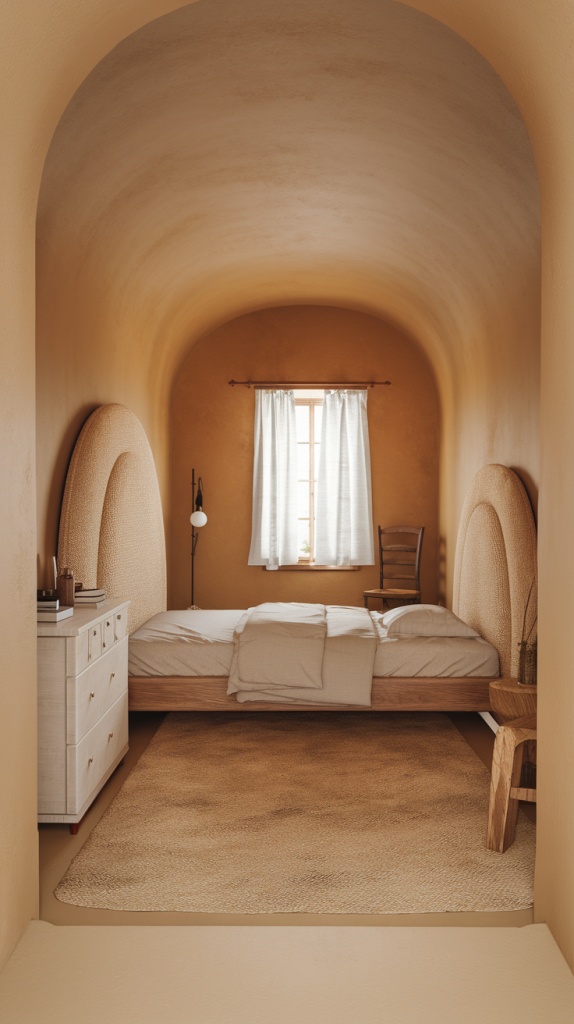 Bring peace to your small bedroom with soft, warm tones and simple design elements.
