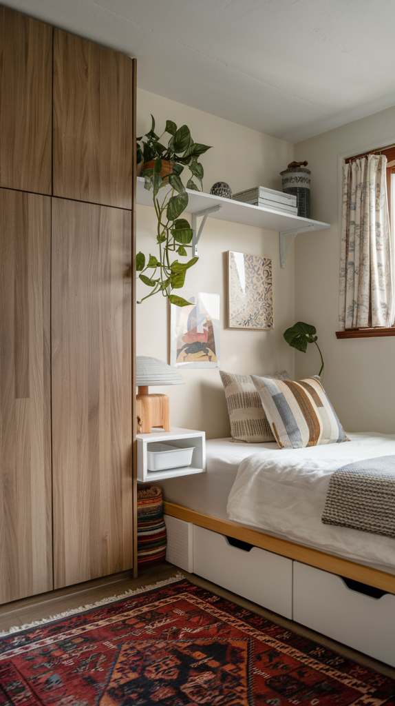 Decorate a small guest bedroom with dual-purpose pieces and boho modern flair.