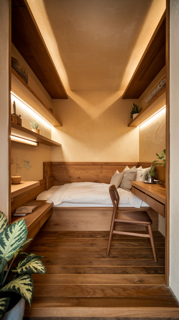 Make your tiny minimalist bedroom feel larger with vertical wood elements and space-saving greenery