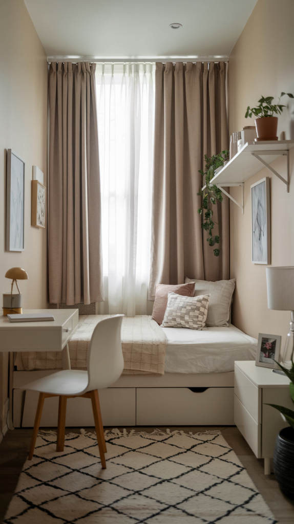 Transform a small guest bedroom with vertical curtains and hotel-style bedding.