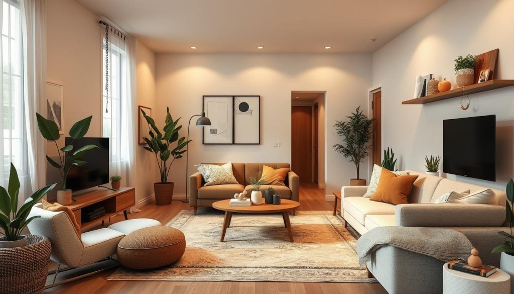 Cozy modern small apartment living room with stylish accents and mood lighting
