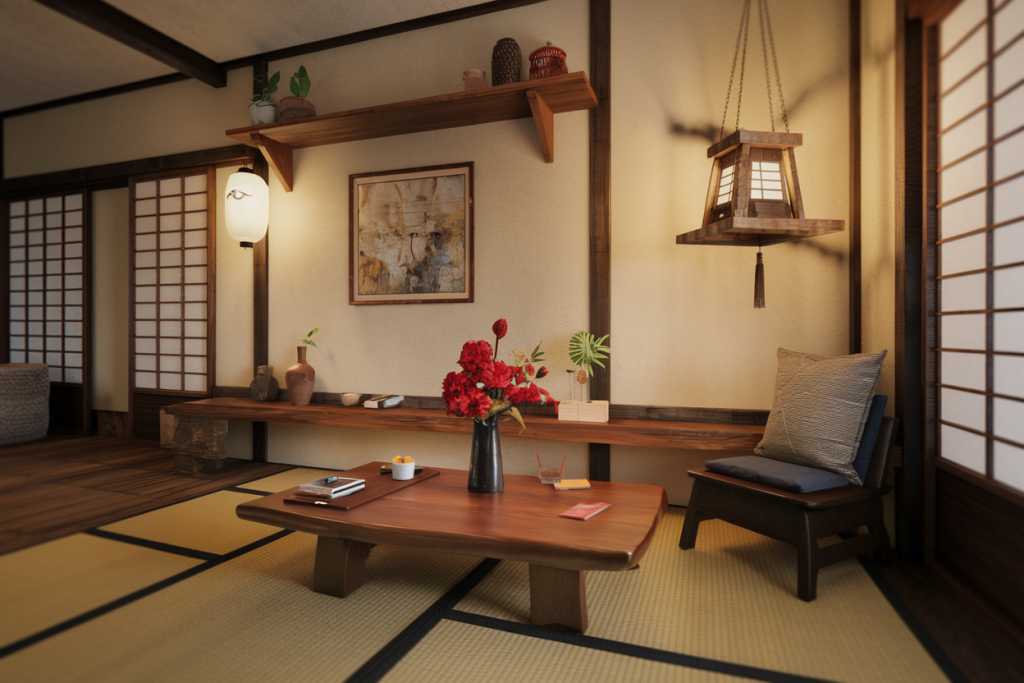 Japanese-inspired living room with tatami mats