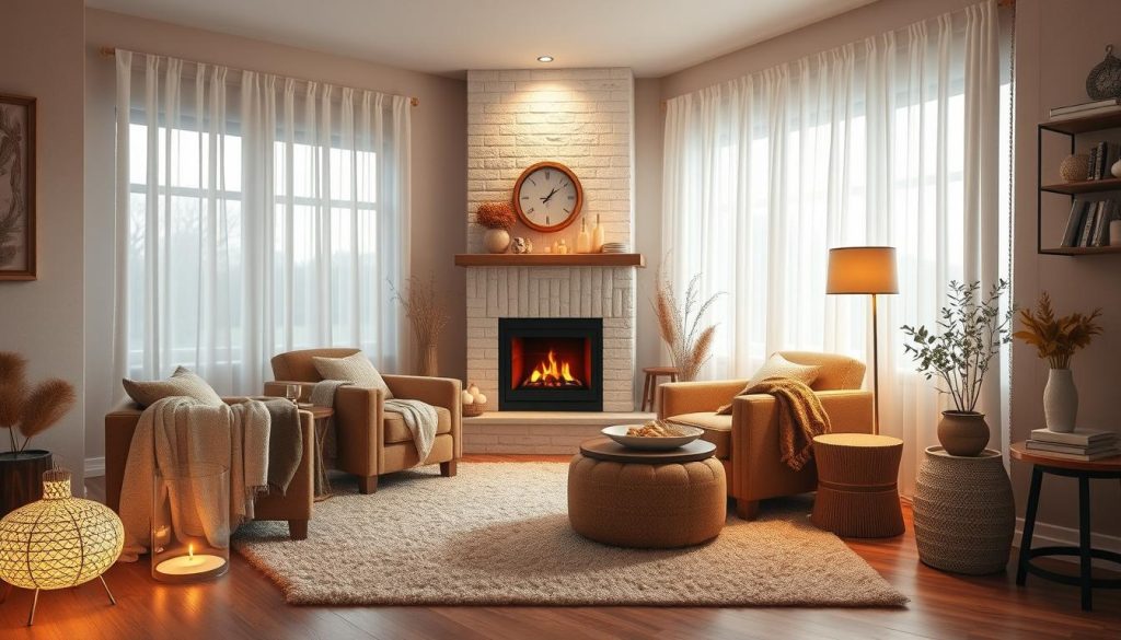 cozy living room with soft textures and warm lighting