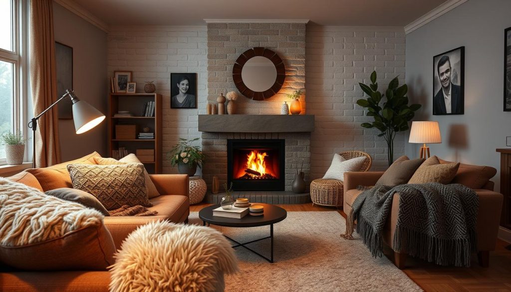 cozy living room with soft textures and warm lighting