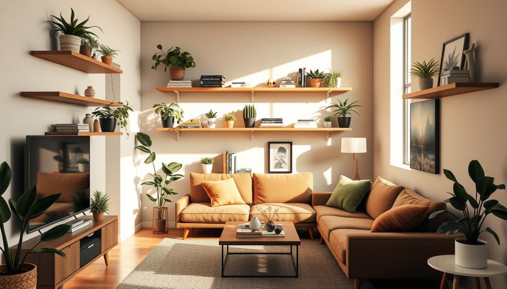 floating shelves in a small living room