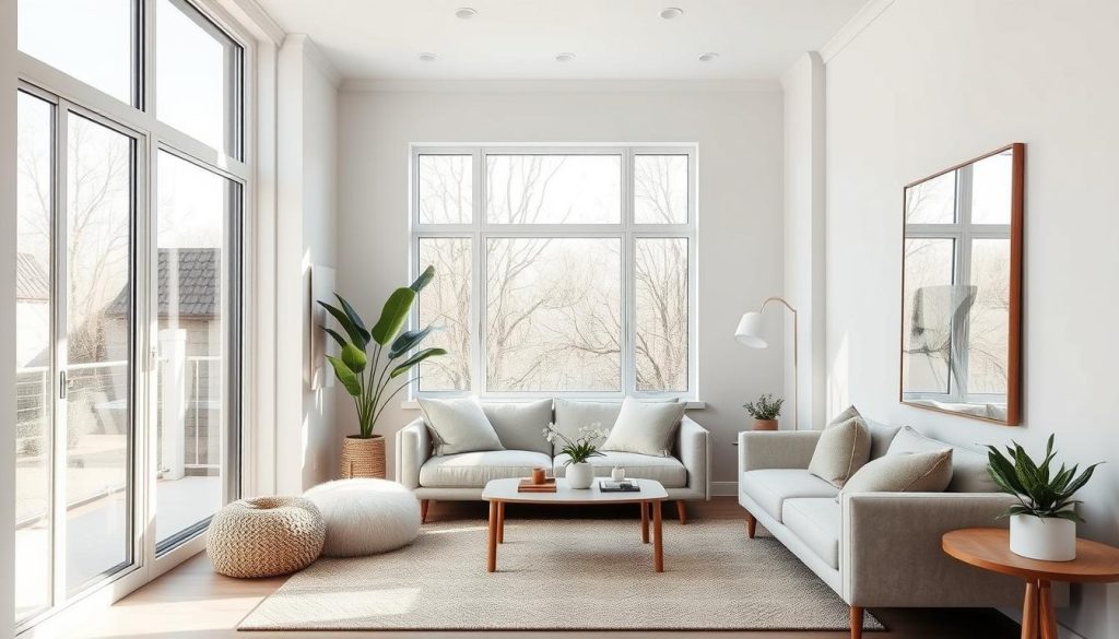 small living room with optimal light and mirror placement