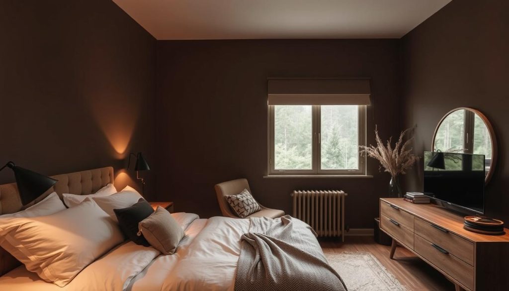 Moody neutral bedroom with brown walls