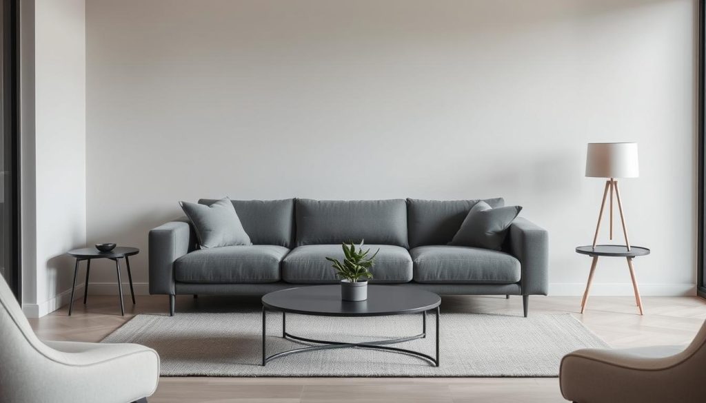 minimal living room apartment gray couch
