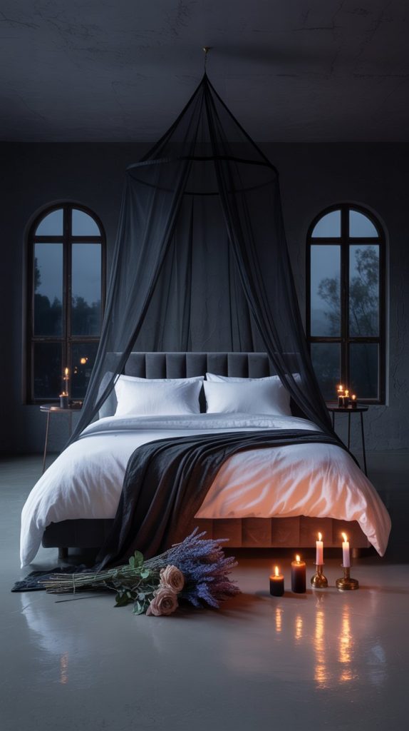 Dark Paradise bedroom with moody candles and muted floral accents
