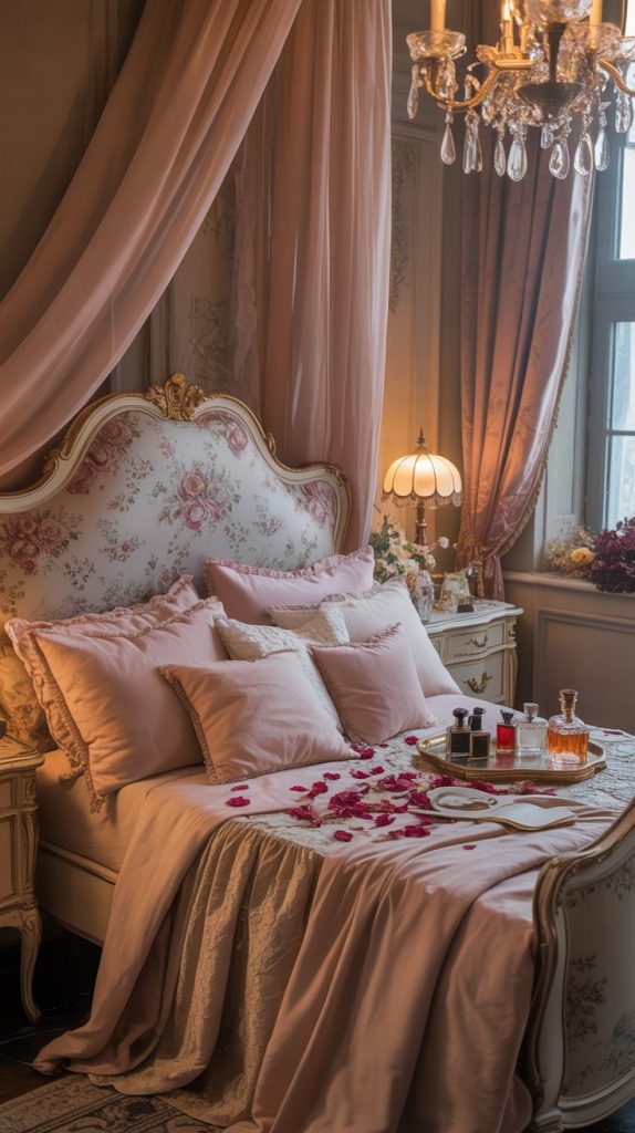  Lana Del Rey coquette bedroom with soft lighting and floral accents