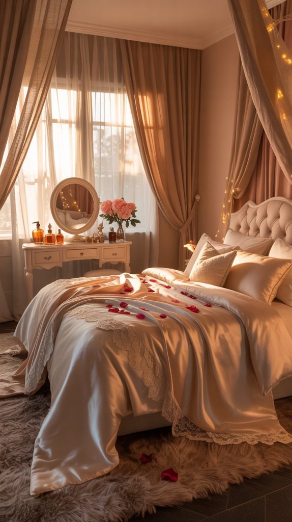 Honeymoon aesthetic bedroom with warm satin and golden light